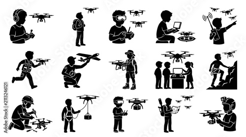 Drone Technology Black and White Silhouette Icons Set: People Operating UAVs for Hobby, Work, and Exploration