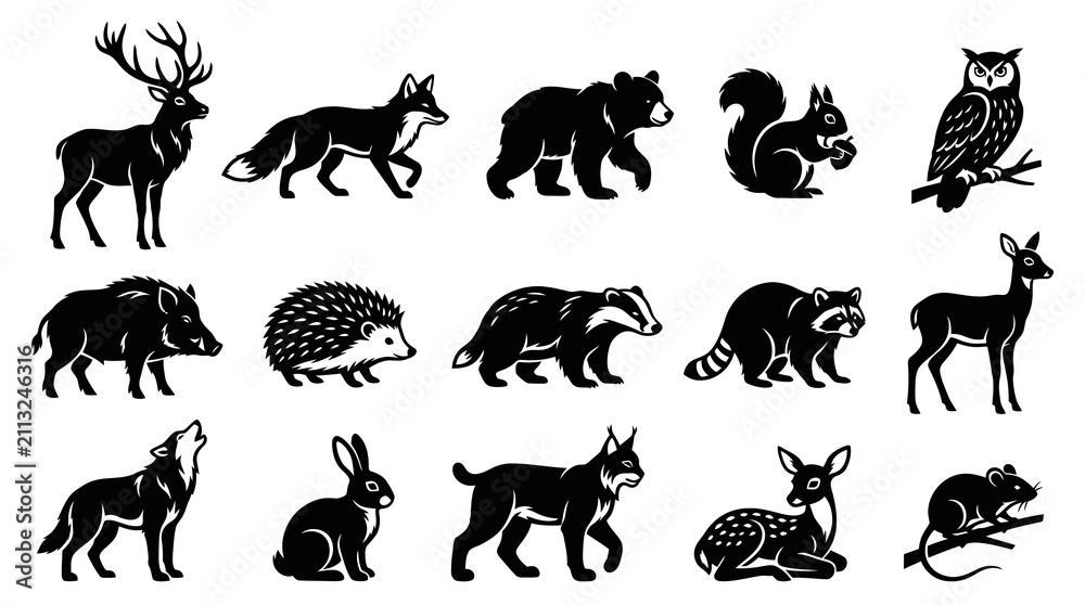 Obraz premium Black and White Vector Glyphs of Wild Forest Animals - Nature and Wildlife Mammal Silhouettes Icon Set