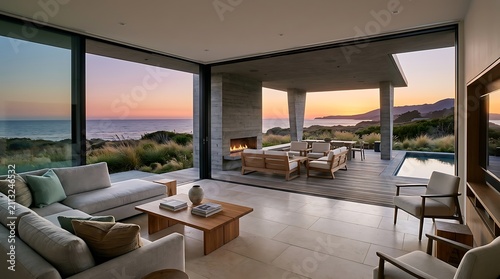 Contemporary living room with open retractable glass walls leading to an outdoor terrace with fireplace and ocean view at sunset