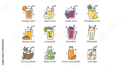 Фотография Colorful illustrated collection of fresh fruit juices and drinks.