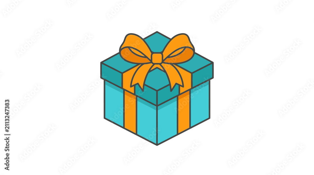 Fototapeta premium Turquoise gift box with orange bow and stripes, isolated on white
