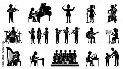 Music Education and Performance Silhouettes. Set of Musicians, Children Playing Instruments, Orchestra, Band, and Choir Icons.