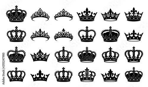 Canvas Print Royal crown silhouette vector set with king queen princess tiara coronet and her