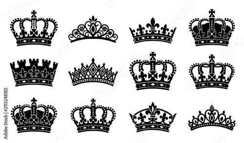 Canvas Print Majestic royal crown illustration set with king queen tiara princess coronet and