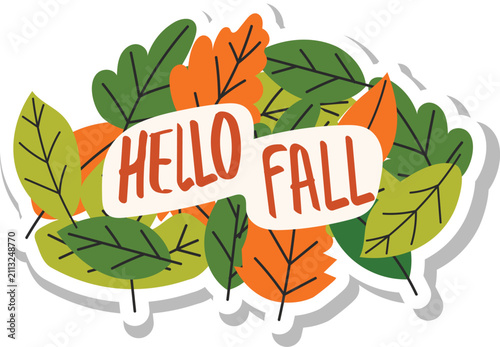 Autumn stickers, Piles of fallen leaves with hello fall text