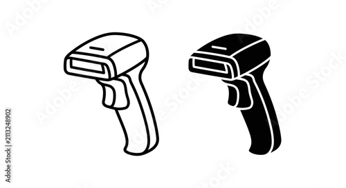 Two barcode scanners depicted as black and white line art silhouettes scanner reader retail checkout point of sale pos