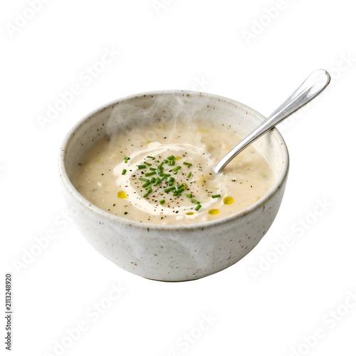 Steaming Bowl of Creamy Potato Leek Soup Isolated on Black