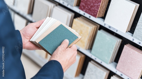 Selection of ceramic tiles in a store: variety of colors and textures for home improvement