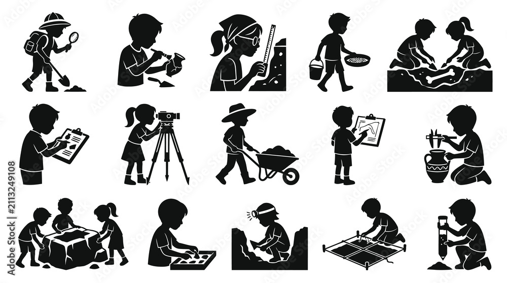Obraz premium Black White Silhouettes of Children Discovering Archaeology, Digging, and Studying Artifacts