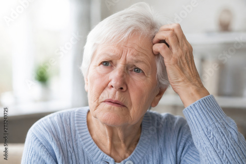 Confused senior woman touching head trying to remember something. Elderly person experiencing memory loss or dementia symptom. Concept of mental health and cognitive decline in old age.