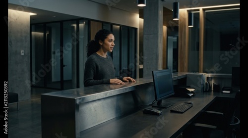 Modern Receptionist Attends Desk In Sleek Office Environment