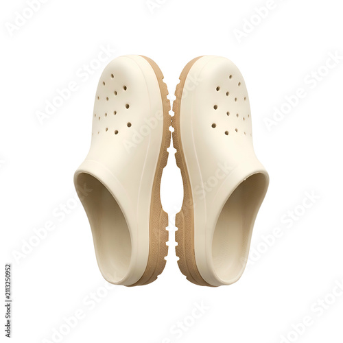 Pair of Cream Comfort Clogs with Brown Soles on Black Background