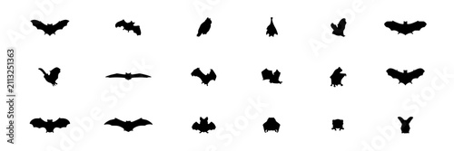 Bats in Various Silhouettes Arranged in a Grid Pattern Featuring Bat, Silhouette, Black with Wing and Animal Elements