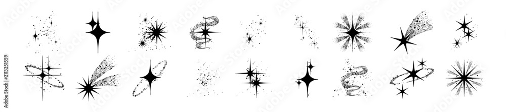 Obraz premium Doodle star icon set, cartoon minimal sparkle illustration hand drawn cosmic celestial graphic print. Christmas holiday celebration shiny design element, sparkle space fantasy sign. Doodle cute stars