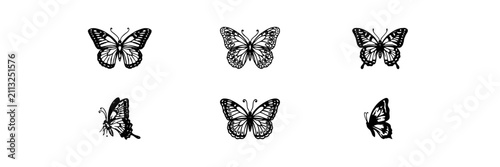 Butterflies in Black and White Illustrations Arranged in Two Rows of Three Featuring Butterfly, Illustration, Insect with Nature