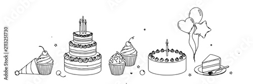 Cakes and Cupcakes with Balloons and Stars in a Whimsical Black-and-White Line Drawing Featuring Cake, Cupcake, Balloon with Star