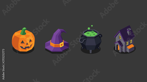 Halloween isometric icons pumpkin witch hat cauldron and haunted house