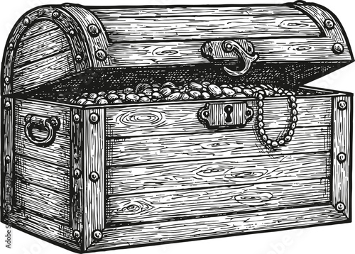 Vintage wooden treasure chest overflowing with coins and jewelry, hand drawn engraving illustration