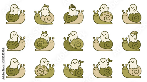 Bild auf Leinwand Cute ghosts riding garden snails pack.