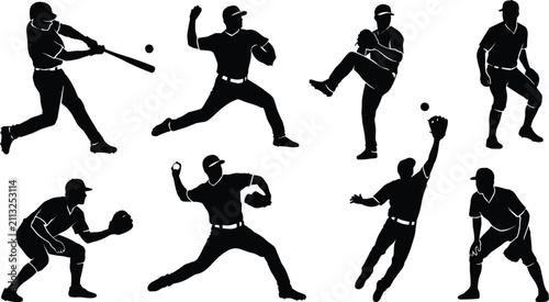 Принти на полотні Baseball player silhouettes vector set with batter, pitcher, fielder, and catche