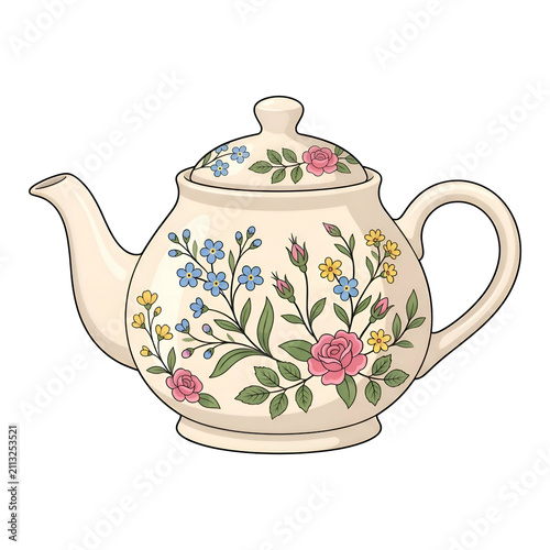 Vintage Ceramic Teapot with Floral Rose Pattern Illustration Isolated