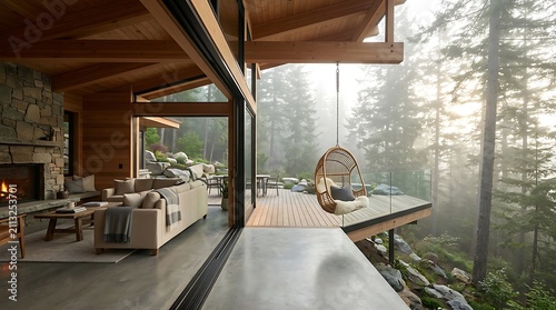 Modern mountain cabin living room with open sliding glass doors extending to a cantilevered wooden deck overlooking a misty pine forest