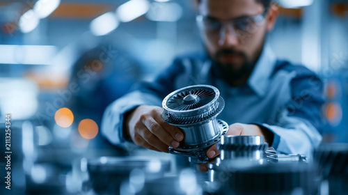 Faceless aircraft mechanical parts assembler at work, precision aviation assembly, industrial engineering concept, with copy space