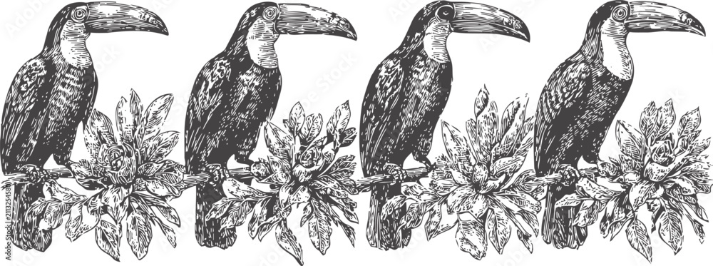Obraz premium Vintage illustration of four toucans perched on tropical plants with detailed leaves