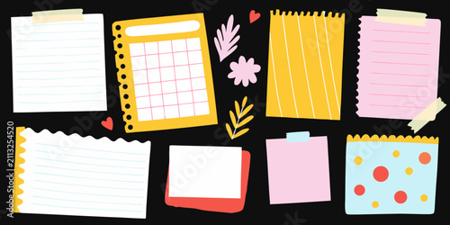 Fotografie Scrapbook Paper Collection Hand Drawn Vector Illustration With Black Background