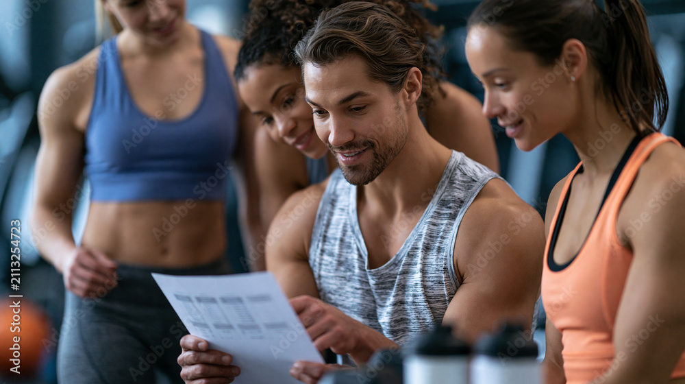 Obraz premium Seated personal trainer explaining a workout schedule on paper to two standing women in a gym, fitness coaching, workout planning, personal training, with copy space