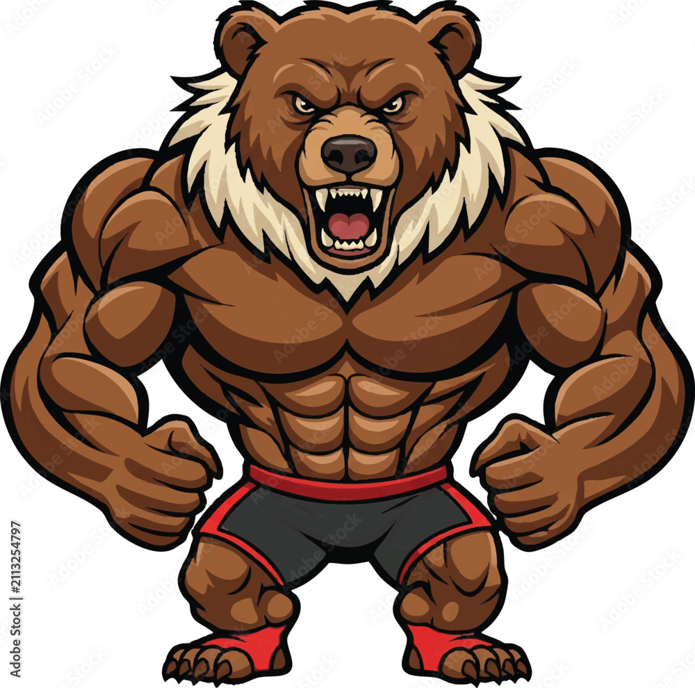 Fototapeta premium Muscular Brown Bear Boxer Mascot with Red Gloves, Cartoon Sports Team Logo, Esports Gaming Character Illustration Isolated on White Background