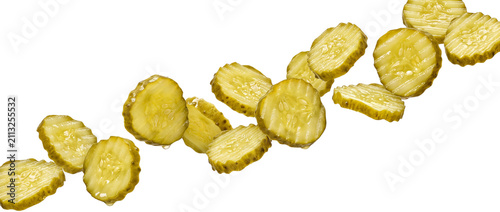 Sliced pickles floating in air isolated on transparent background