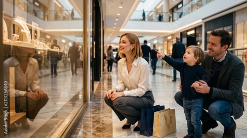 Happy young family window shopping in luxury mall, parents with child looking at jewelry display, modern retail lifestyle and consumerism