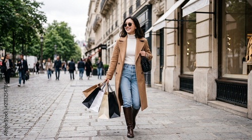 Elegant woman shopping in European city, stylish lady carrying shopping bags on luxury street, fashionable autumn outfit with wool coat