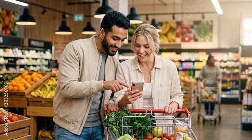 Happy diverse couple using smartphone in grocery store, smiling shoppers checking digital shopping list on mobile phone, retail technology and consumerism