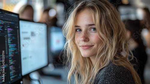 Confident female programmer working at computer in modern office, coding on multiple screens, tech career, young professional