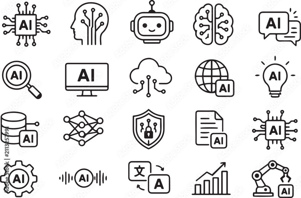 Fototapeta premium Artificial intelligence line icons set. Modern AI technology symbols for digital interface.
