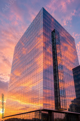 Stunning Low Angle View of Modern Glass Office Building Corner Reflecting Vivid Orange Pink Purple Sunset Sky with Glowing Sun on Curtain Wall Facade, Urban Architecture Photography