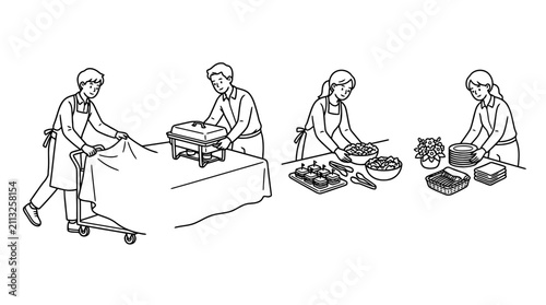 Four catering black indie line art character pose set