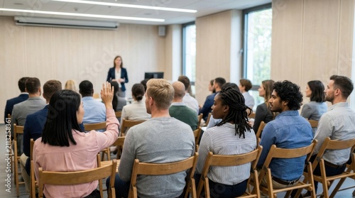 Businesswoman presenting to an attentive audience in a conference room during a seminar.
