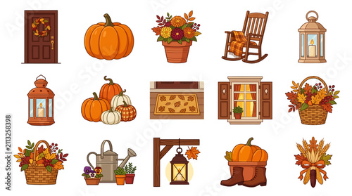 Autumn harvest pumpkins and flower basket icons set.