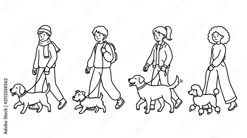 Fototapeta premium Four companionship black indie line art character pose set