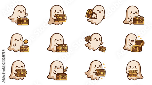 Bild auf Leinwand Beige ghost icons interacting with treasure boxes.