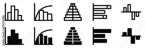 Cuadro en lienzo Set of 10 data visualization chart icons in outline and filled styles featuring histograms, Pareto charts, pyramid charts, horizontal bar graphs, and divergence charts