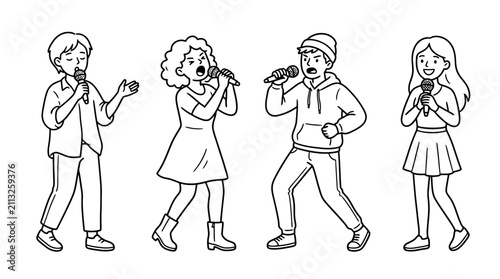 Four musical performance black indie line art character pose set