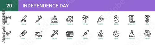 Set of 20 outline web Independence Day icons such as speaker, party hat, donut, cupcake, skewers, calender, airplane vector icons for report, presentation, diagram, web design, mobile app