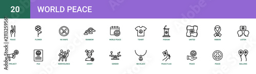 Set of 20 outline web World Peace icons such as ballons, peace, peace, peace flag, necklace, gender, angry vector icons for report, presentation, diagram, web design, mobile app