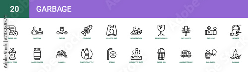 Set of 20 outline web Garbage icons such as banana, bad smell, garbage truck, paper bin, cigarette butt, straw, plastic bottle vector icons for report, presentation, diagram, web design, mobile app