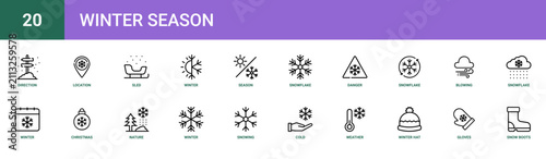 Set of 20 outline web Winter Season icons such as snow boots, gloves, winter hat, weather, cold, snowing, winter vector icons for report, presentation, diagram, web design, mobile app