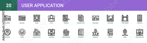 Set of 20 outline web User Application icons such as online meeting, music, profile approval, financial, notebook, user interface, shopping online vector icons for report, presentation, diagram, web